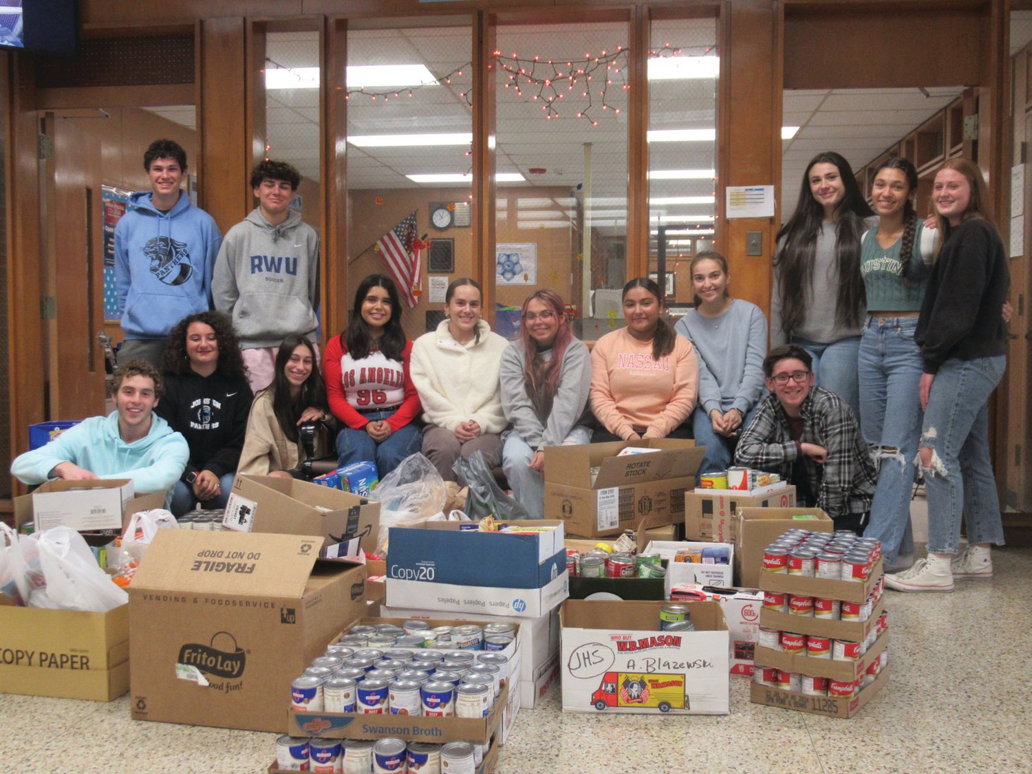 PROUD PANTHERS: The JHS students above again upheld a terrific helping collect no n perishable food items that will help needy families. The group includes Derek Salvatore, Josh Philbrick Nicki Aucone, Dylan Robbins, Marilyn Macateer, Jillian Olivia-Garcia, Emily Klein, Michelina Irons, Sierra Jeetan, Hailey Brown, Talia LaFlamme, Arianna Medeiros and Ava Mello.